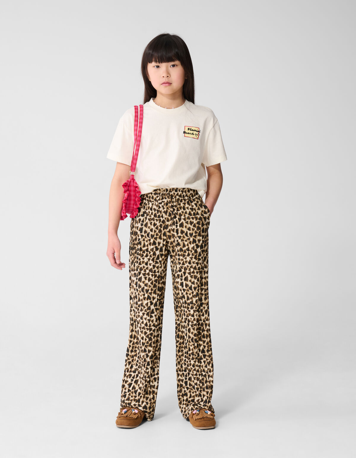 Leopard Plissé Wide Leg Broek Lichtbruin