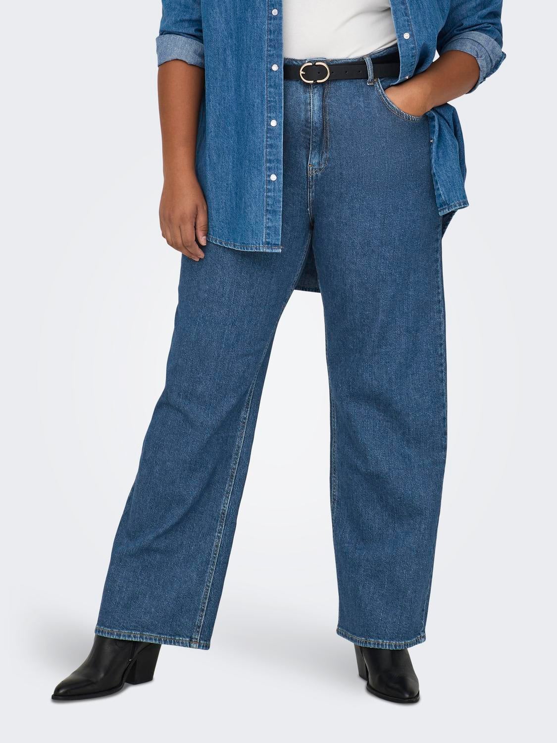 CARHOPE Hohe Taille Weiter Beinschnitt Jeans Dark Blue Denim