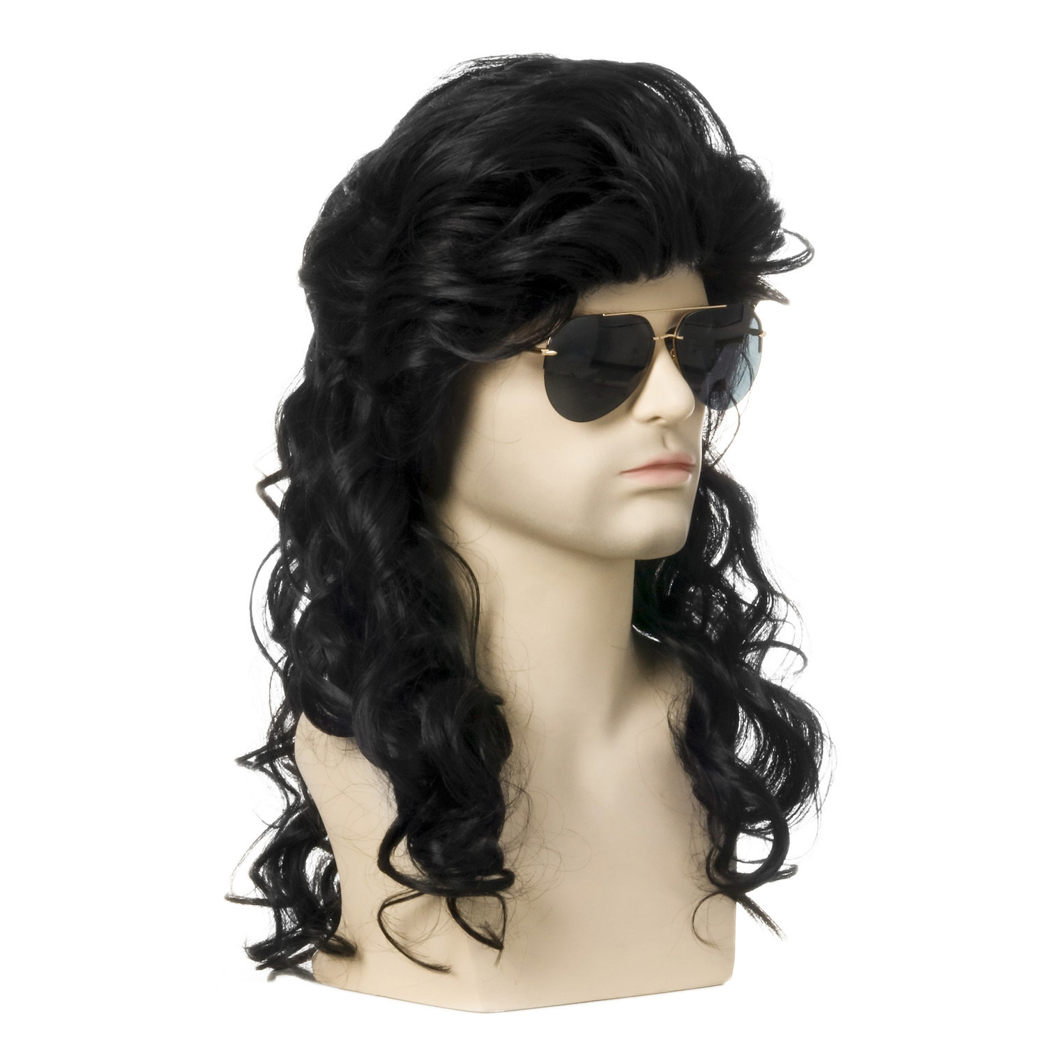 (60cm) Vokuhila Perücke mit Locken Pop Rock Fasnacht Kostüm Zubehör Motto Party / Halloween Accessoire - Schwarz