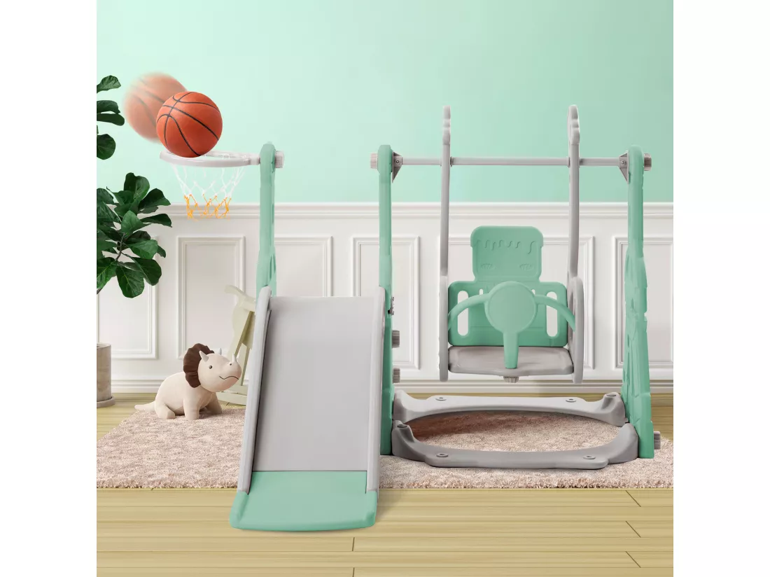 Toboggan 4 en 1 avec balançoire et support de basket-ball pour enfants, échelle d'escalade, pour intérieure et extérieure, vert