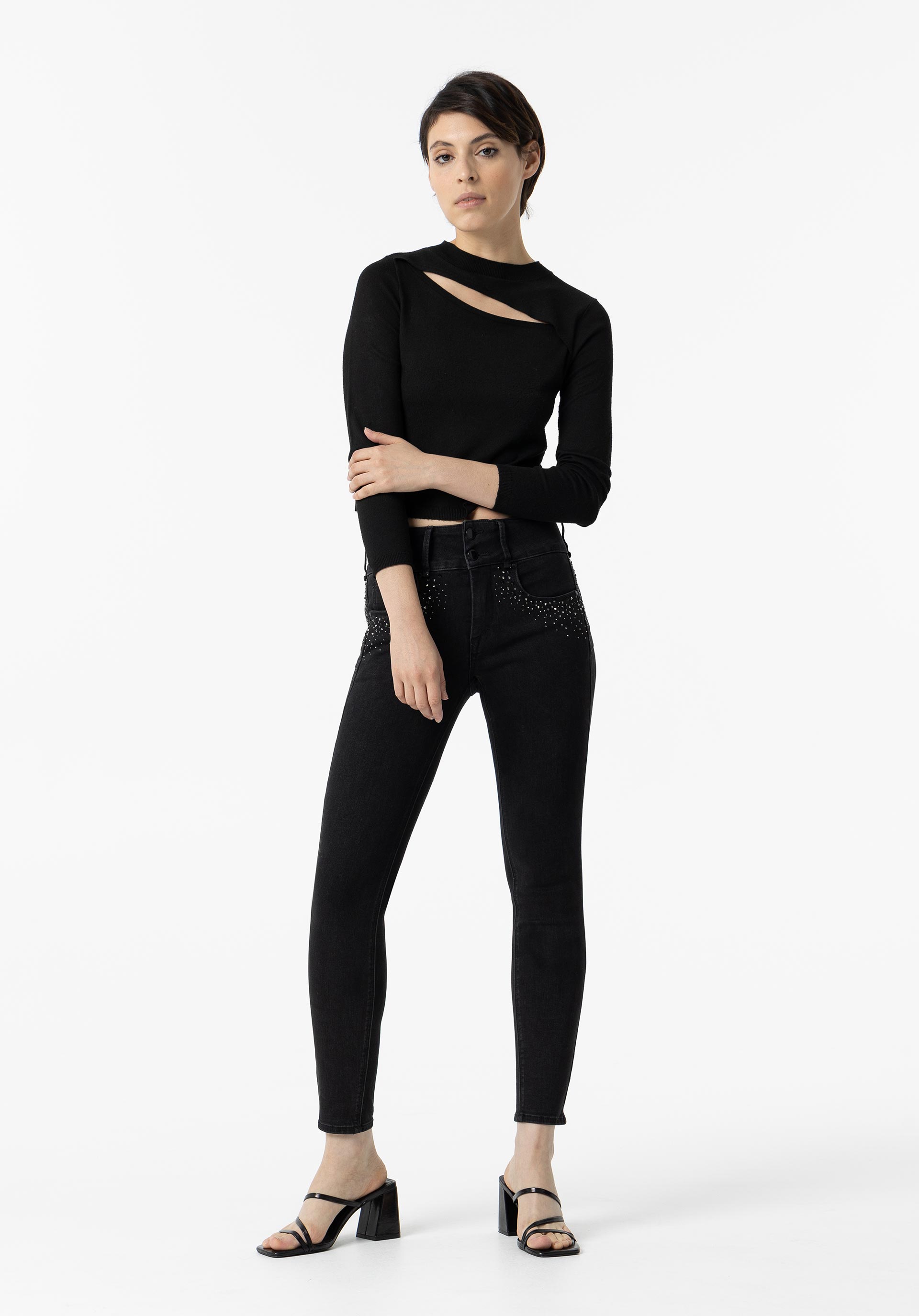 Jeans Double-up Skinny Cintura Alta Aplicações