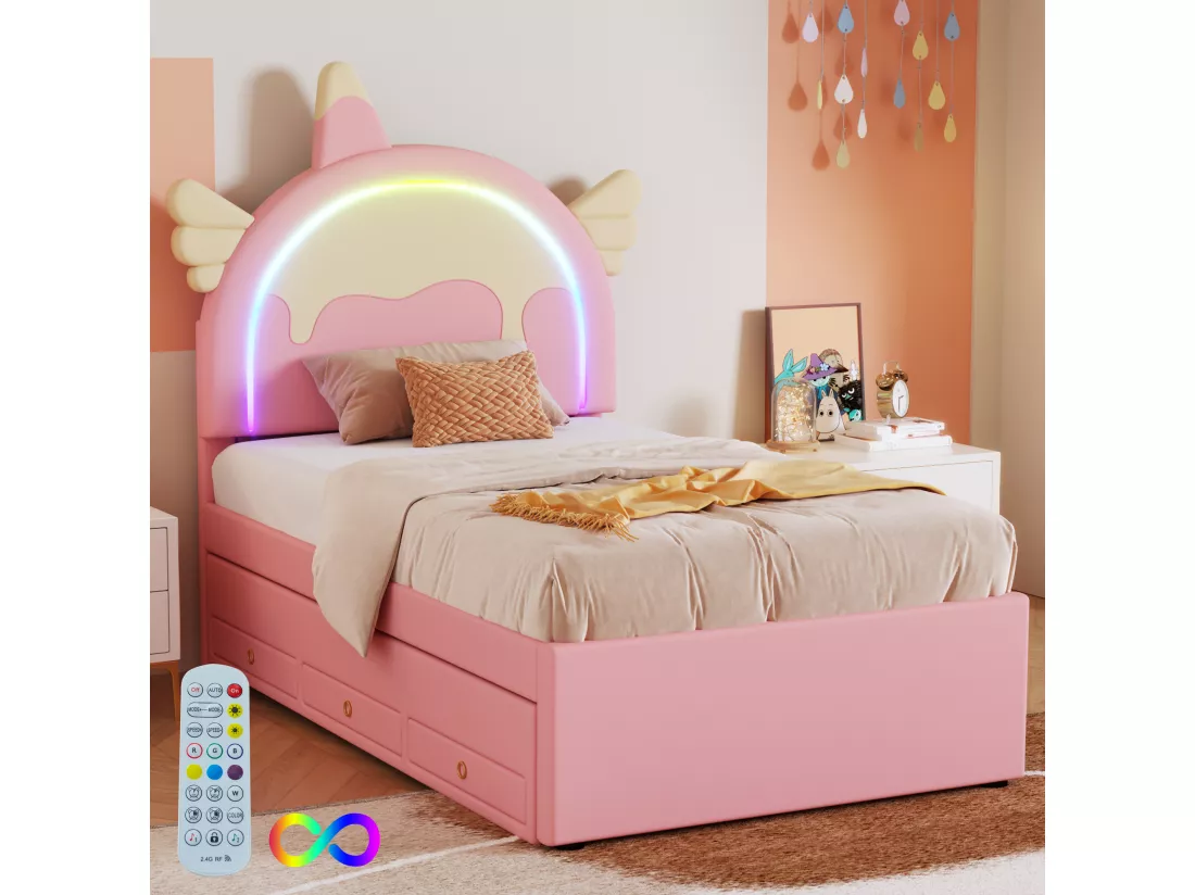 Lit gigogne 90 x 200 cm + 90 x 190 cm avec 3 tiroirs - Tête de lit en forme licorne - Similicuir - Rose