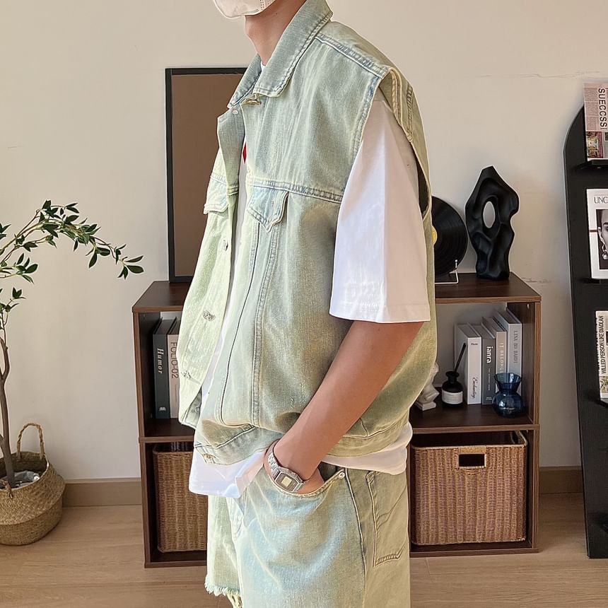 WidoWilder - Gewassen denim vest met kraag en knopen / Mid-rise gewassen denim shorts