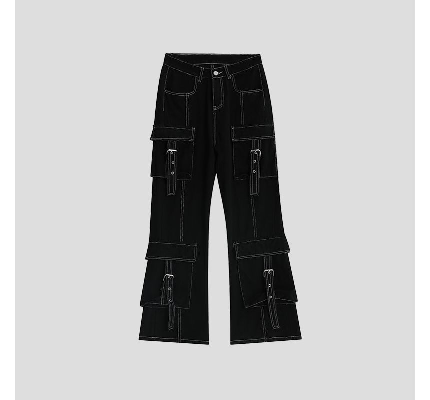 INStudio - Cargojeans met hoge taille en contrasterende bies, losse pasvorm en rechte pijpen