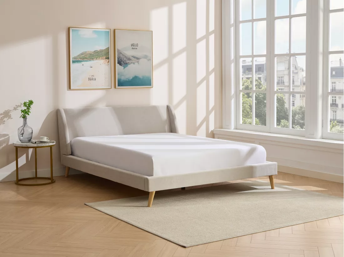 Lit scandinave 180 x 200 cm - Tissu - Beige - BENEDICTE