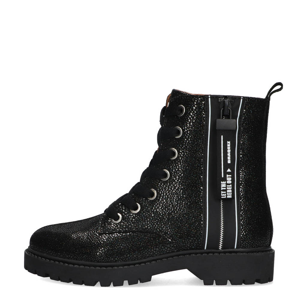 Braqeez leren veterboots zwart multi