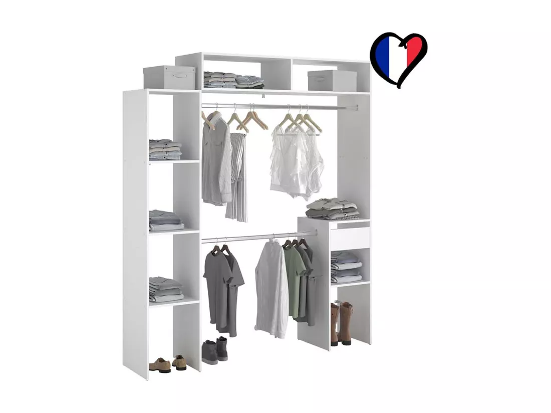 Dressing blanc extensible avec étagères, penderies, tiroir ELYSEE