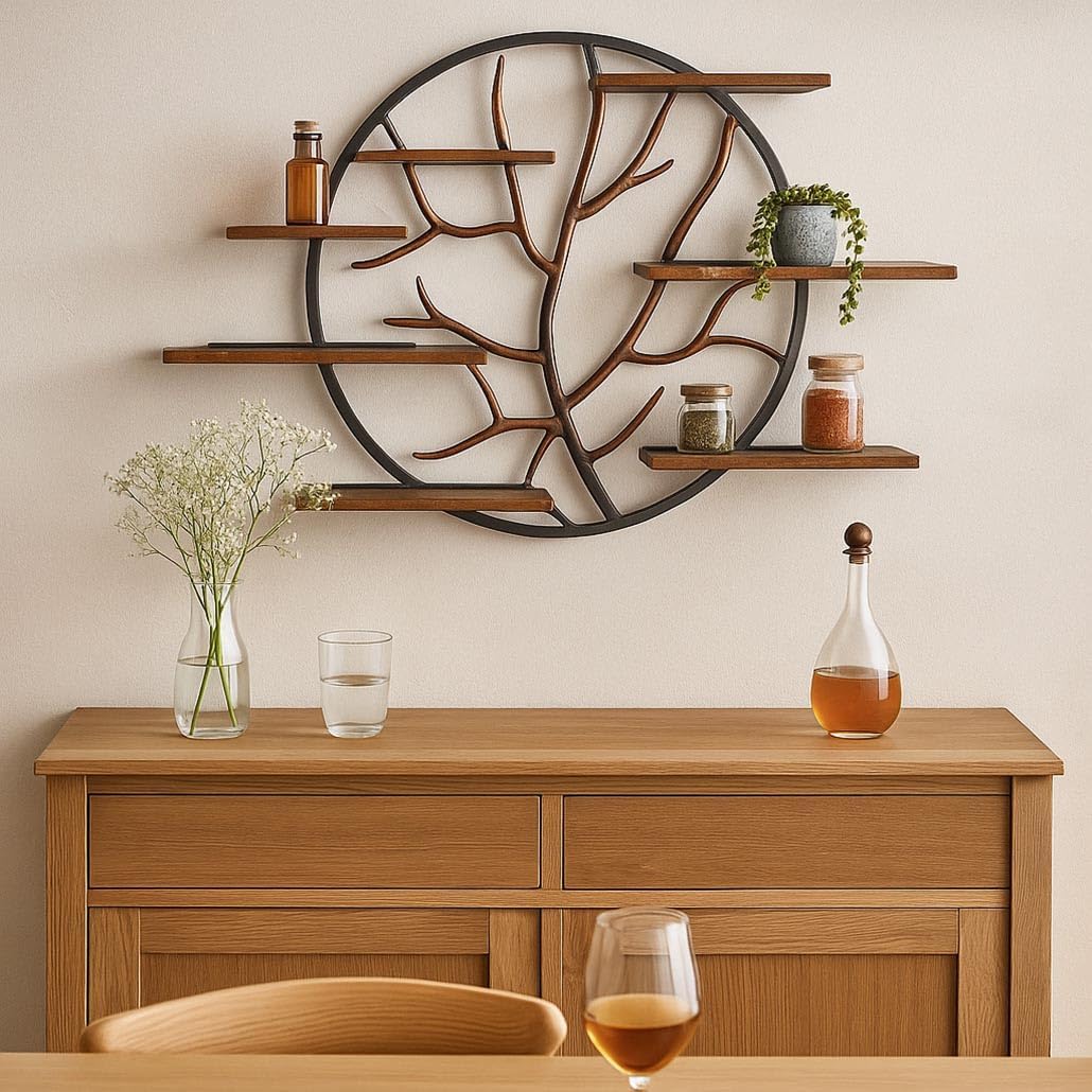 Kobolo Wandregal Eden 115x18x81 cm, Regal aus Mangoholz & und rundem Metallring im Baumdesign, 6 Ablagen, dekoratives Unikat für Wohnzimmer, Flur & Büro, modern, rustikal & naturinspiriert