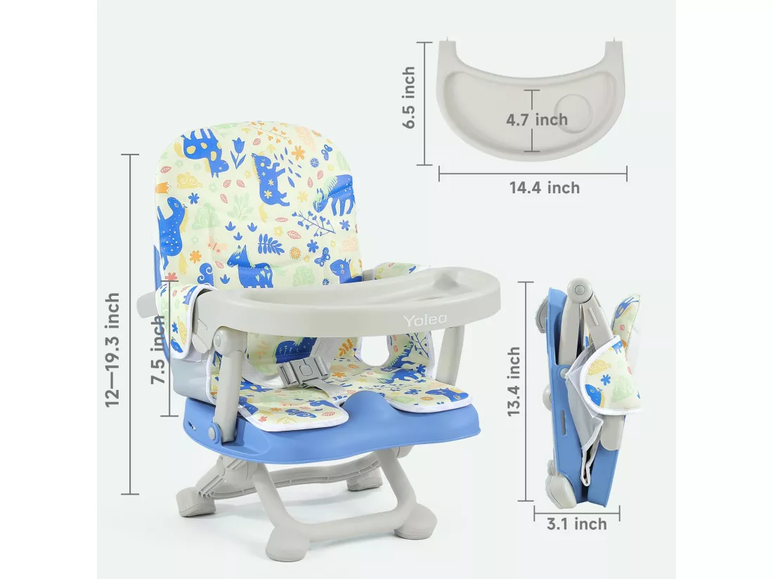 YOLEO Réhausseur Chaise Enfant Pliable, Chaise Haute Bébé Portable, Bébé Chaise repas en Hauteur Réglable, Plateau Amovible, 6 mois à 3 ans, Bleu avec Coussin