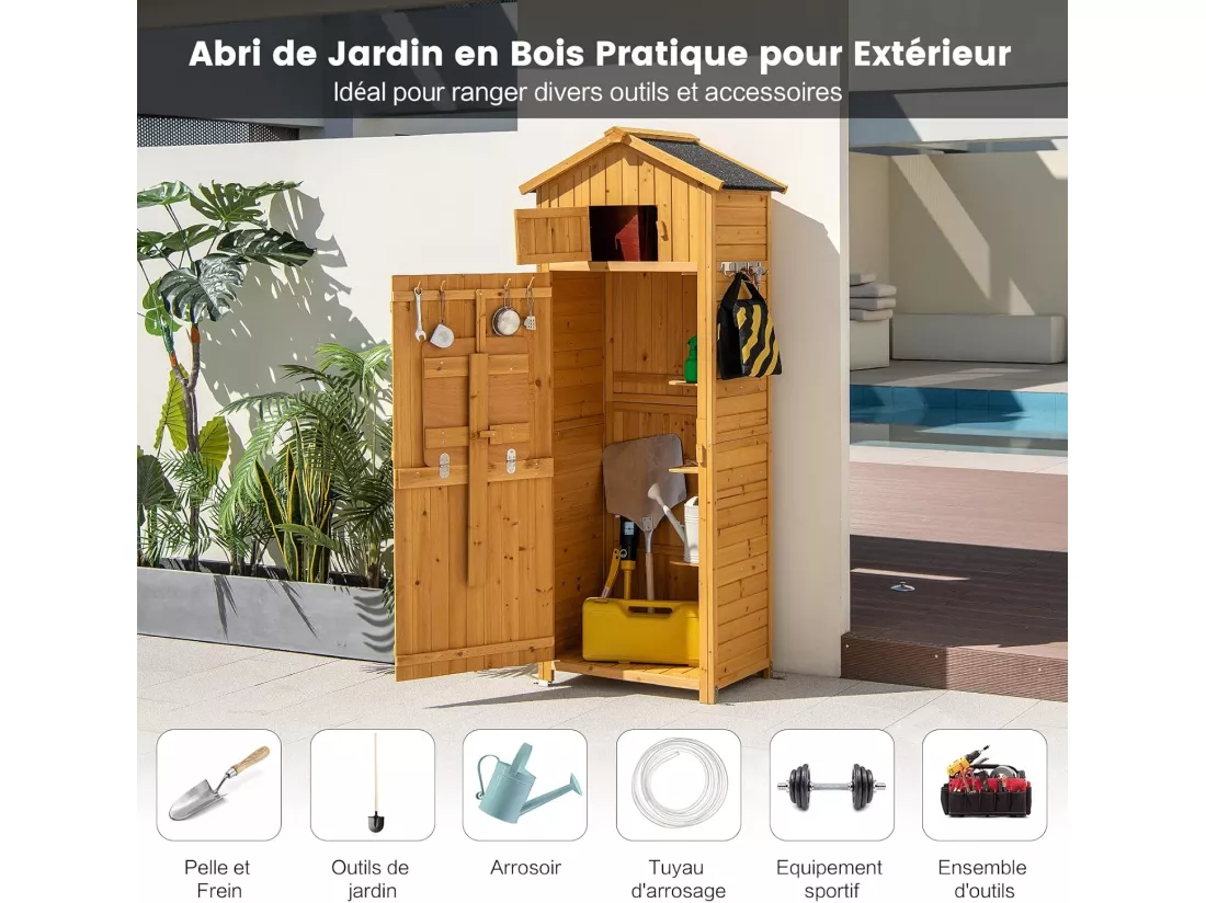Abri de Jardin Extérieur à 4 Étagères et Table Pliable, Cabane de Rangement Verrouillable en Bois avec Toit Asphalte et 8 Crochets pour Outils, pour Maison, Cour, 75x50x180,5CM