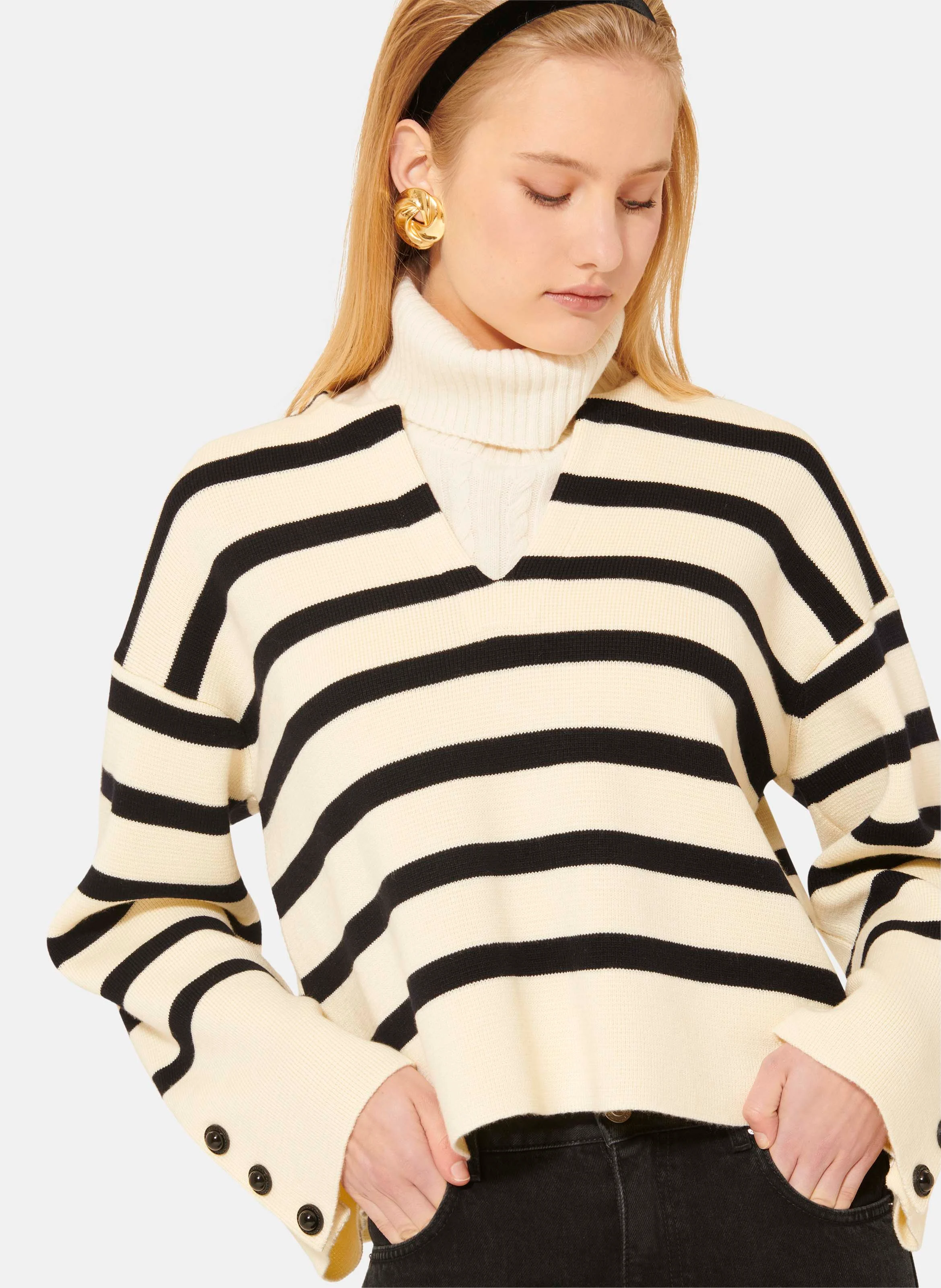 PLONGEOIR - Pull droit rayé à boutons | Beige