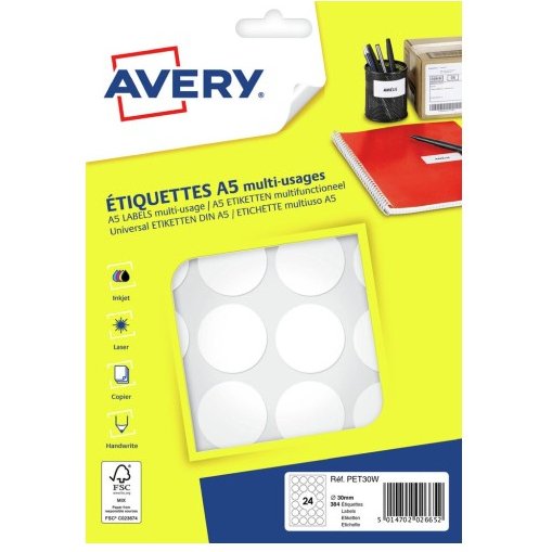 Pastille adhésive imprimable Ø 30 mm Avery blanche - Boîte de 384
