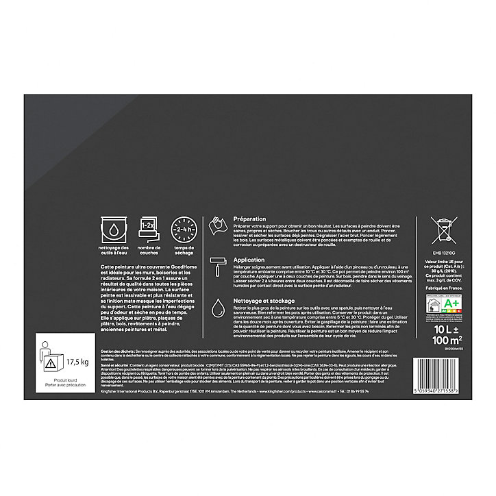 Peinture intérieure ultra couvrante murs, boiseries et radiateurs GoodHome blanc lumineux mat 10L