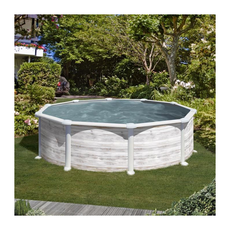 - piscine ronde acier ø4,80m x h: 1,32m - imitation bois nordique filtration a sable