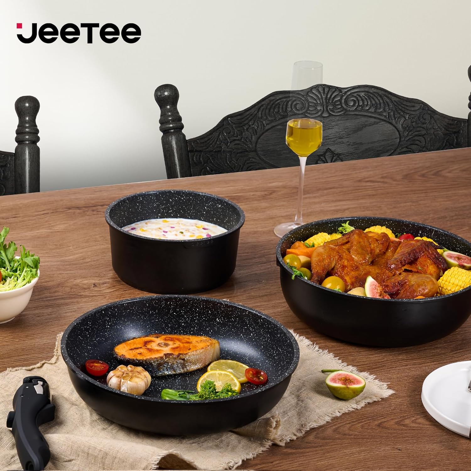 JEETEE Topfset Pfannenset mit abnehmbarem Griff 25-Teilig, Pfanne 20/26cm, Kochtopf 18/20cm, Tiefe Bratpfanne 26cm, Grillpfanne 26cm, Stapelbar Topfset Für alle Herdarten, Antihaft, Ofenfest, Schwarz