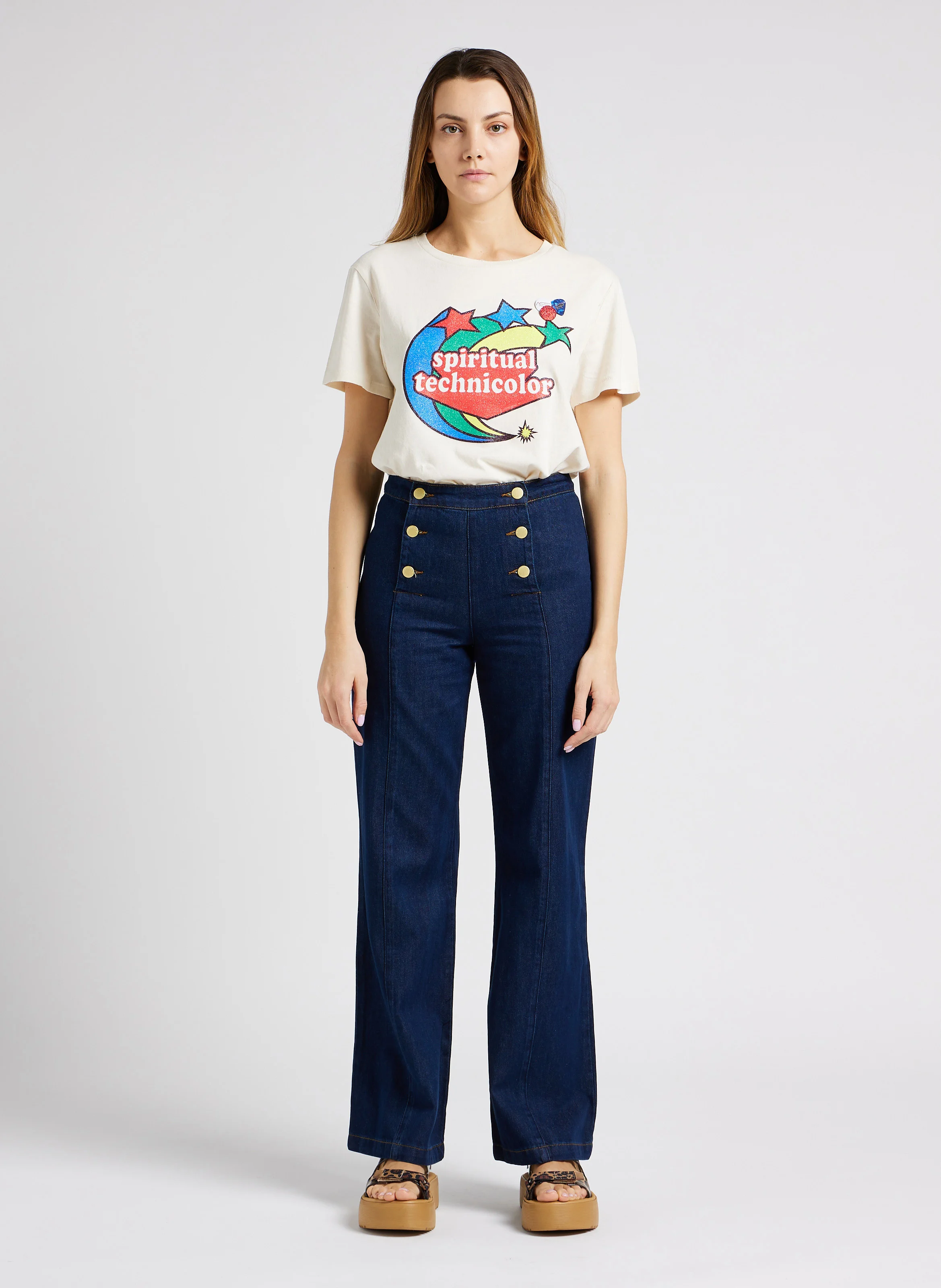 PAULA - Pantalon flare en coton mélangé| Bleu