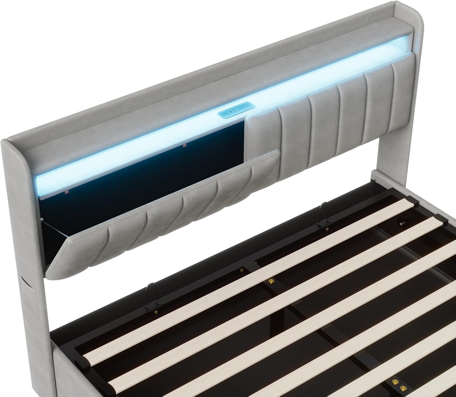 Polsterbett 140x200 cm,Doppelbett mit LED-Beleuchtung und Aufladen USB,Stauraumbetten mit Stauraum Kopfteil und Lattenrost,Jugendbett Stauraumbett Bettgestell,Bett mit Lattenrost (Grau, 140 x 200cm)