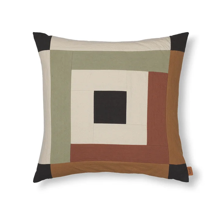 Ferm Living - Border Patchwork Kissen, 50 x 50 cm, dark sage / red brown