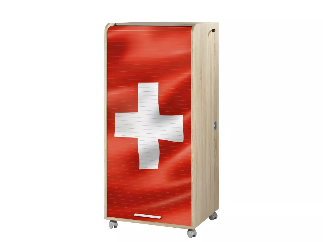 Armoire Informatique Mobile Chêne 2 Tiroirs 5 Niches L 65.2 H 139.9 P 53.1 cm - Coloris: Drapeau Suisse 650