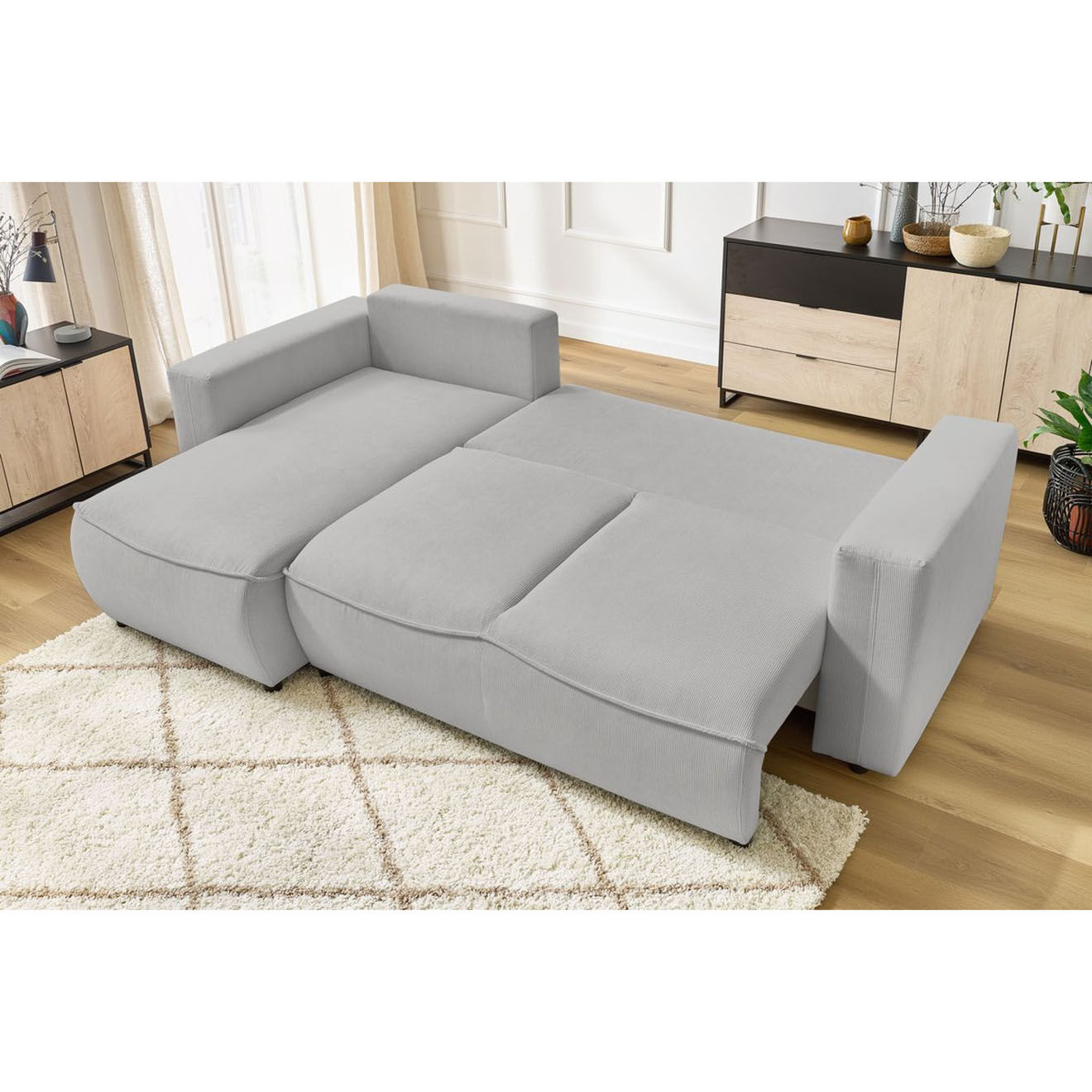 Bobochic Canapé d'angle gauche convertible coffre jasmin velours côtelé gris clair - 256x158x90 cm