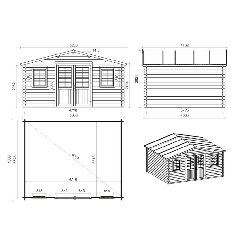 Abri de jardin en bois - 5x4 m - 30 m2 + terrasse avec balustrade et avant-toit en bois