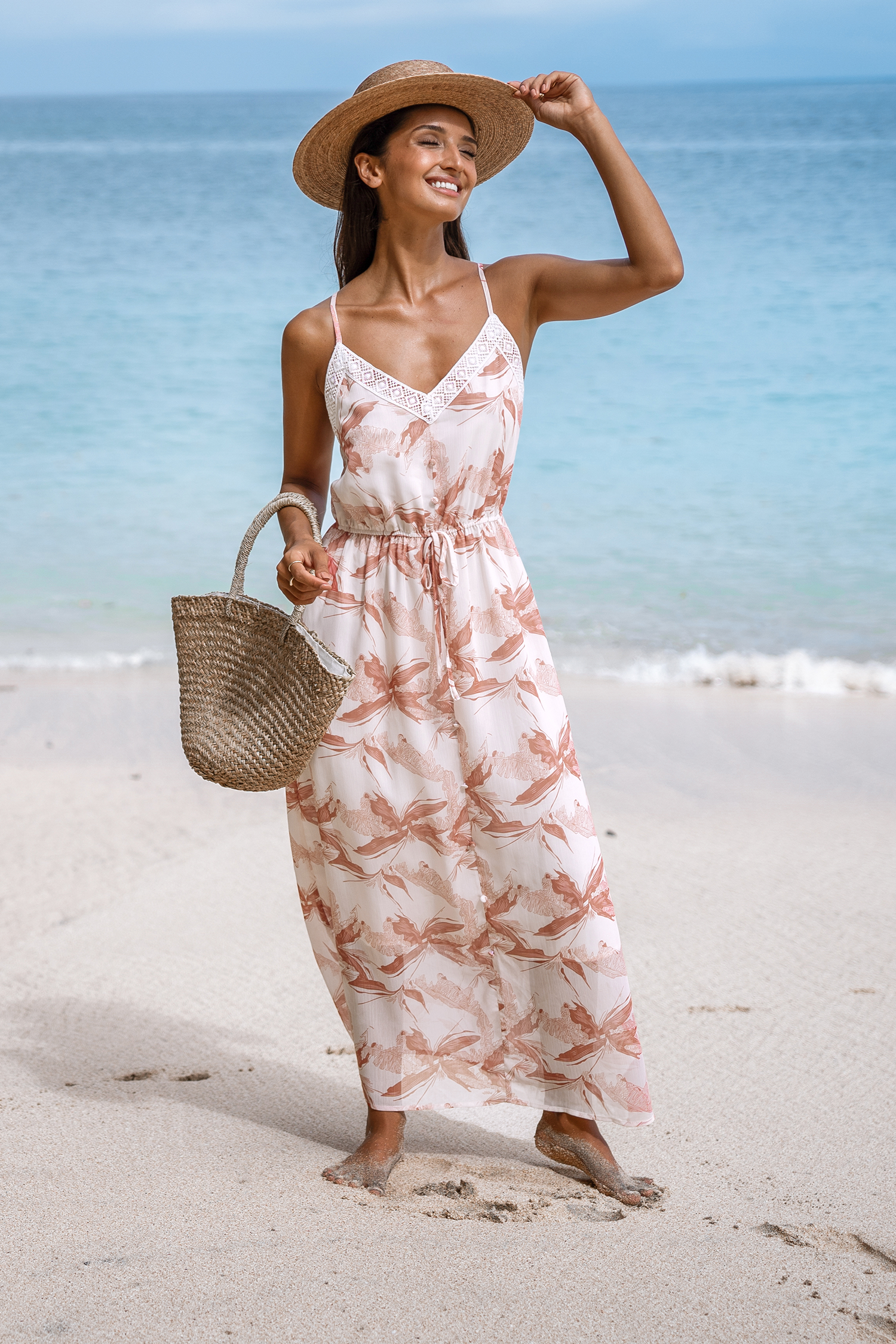 Robe maxi avec taille à nouer et imprimé tropical