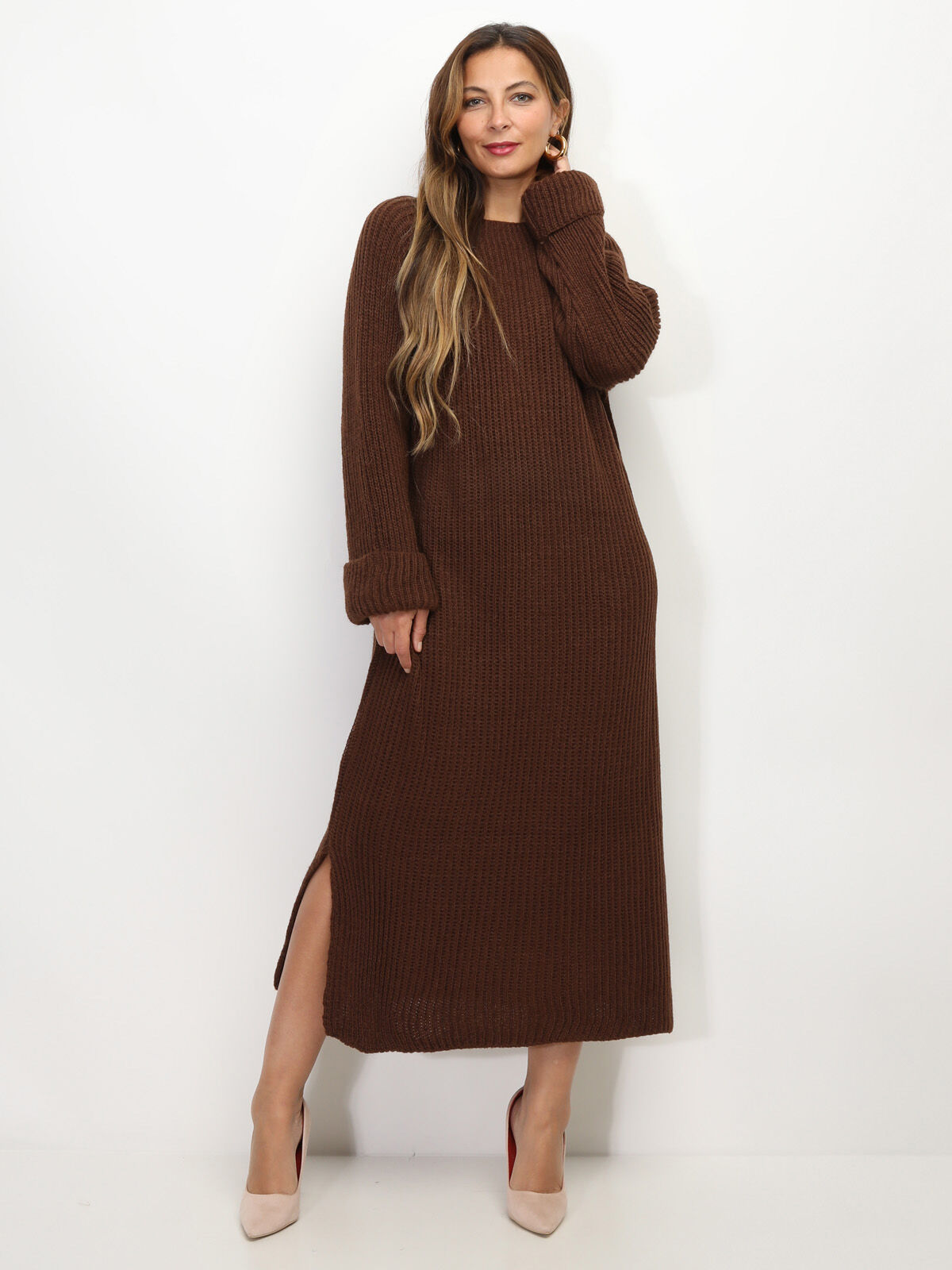 Robe à manches évasées et fentes- Marron