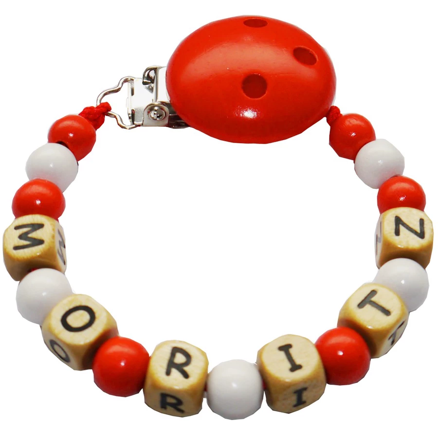 Schnullireich Schnullerkette mit Namen bis 8 Buchstaben (Holz) Rot