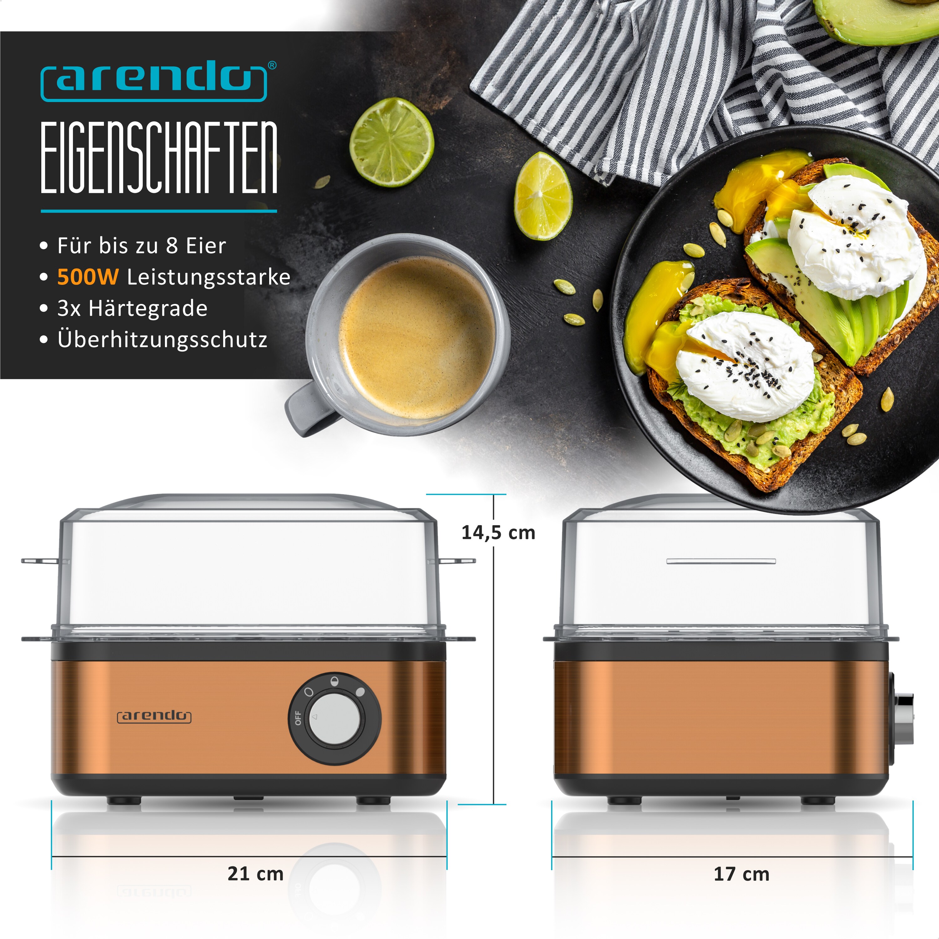 Arendo Eierkocher 8-fach, 500 W, Edelstahl, Warmhaltefunktion, Härtegrad einstellbar, für 8 +Eier, Kupfer