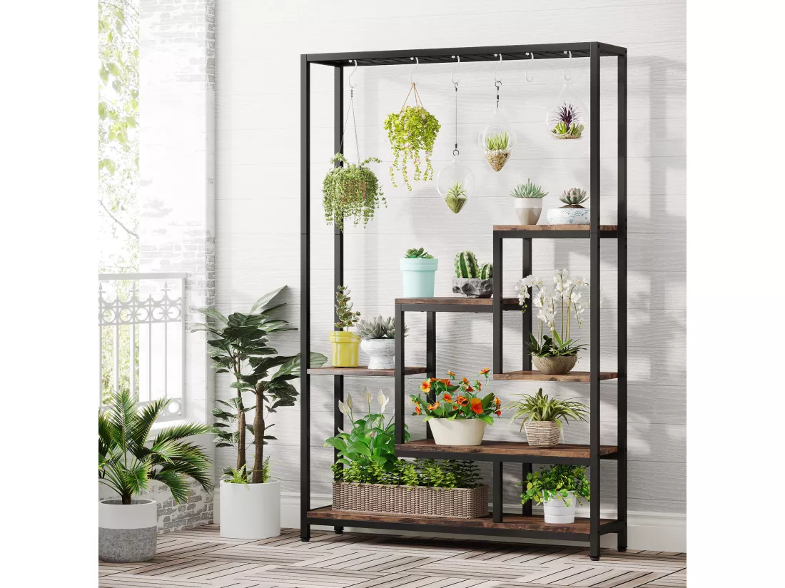 Tribesigns Support pour plantes d'intérieur à 5 niveaux - Grande étagère en métal de 180,1 cm avec 10 crochets de suspension en S - Multifonction - Pour intérieur, jardin, balcon, salon (Maron et Noir)