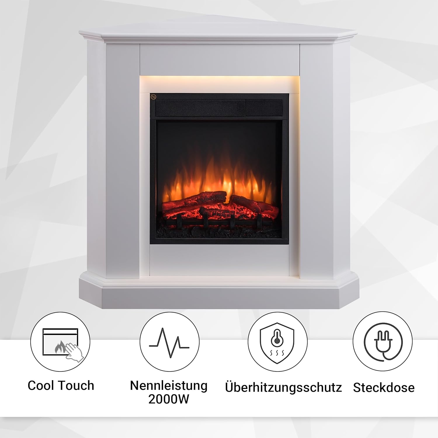 Elektrokamin BALDERIA Candela - Elektrischer Eckkamin mit 3D-Flammeneffekt, Elektro Heizung 2000W, LED-Beleuchtung, Fernbedienung, Timer & Thermostat - Weiß