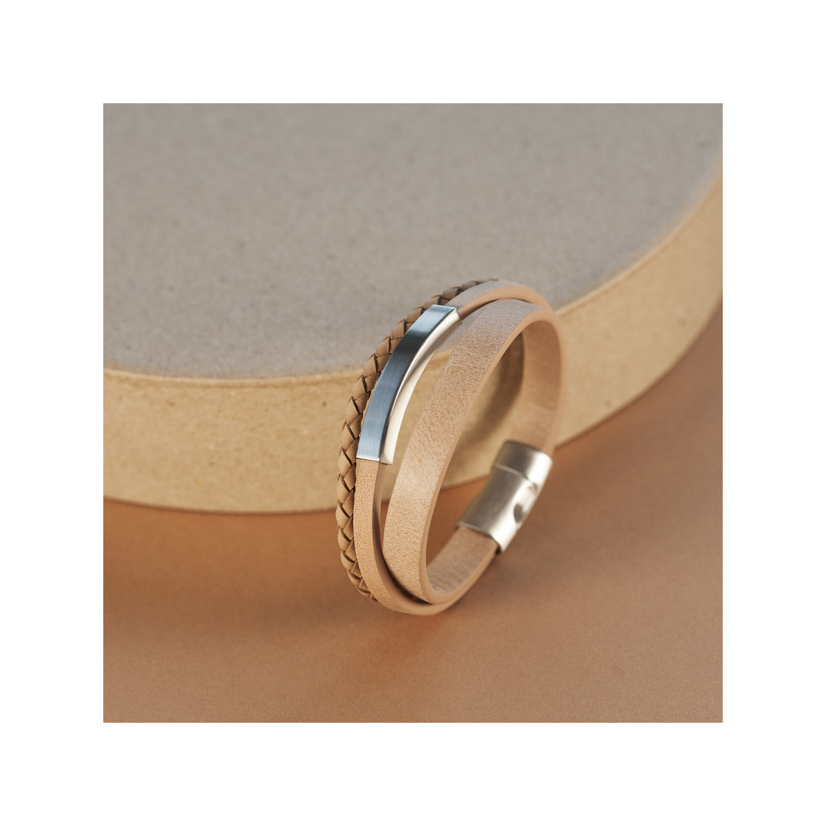 Bracelet cuir acier multirangs 21 cm
