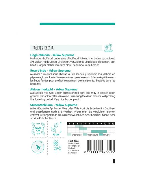 Hortitops Tagetes - Hoge Afrikaan Yellow Supreme - Bloemenzaden - 1 g