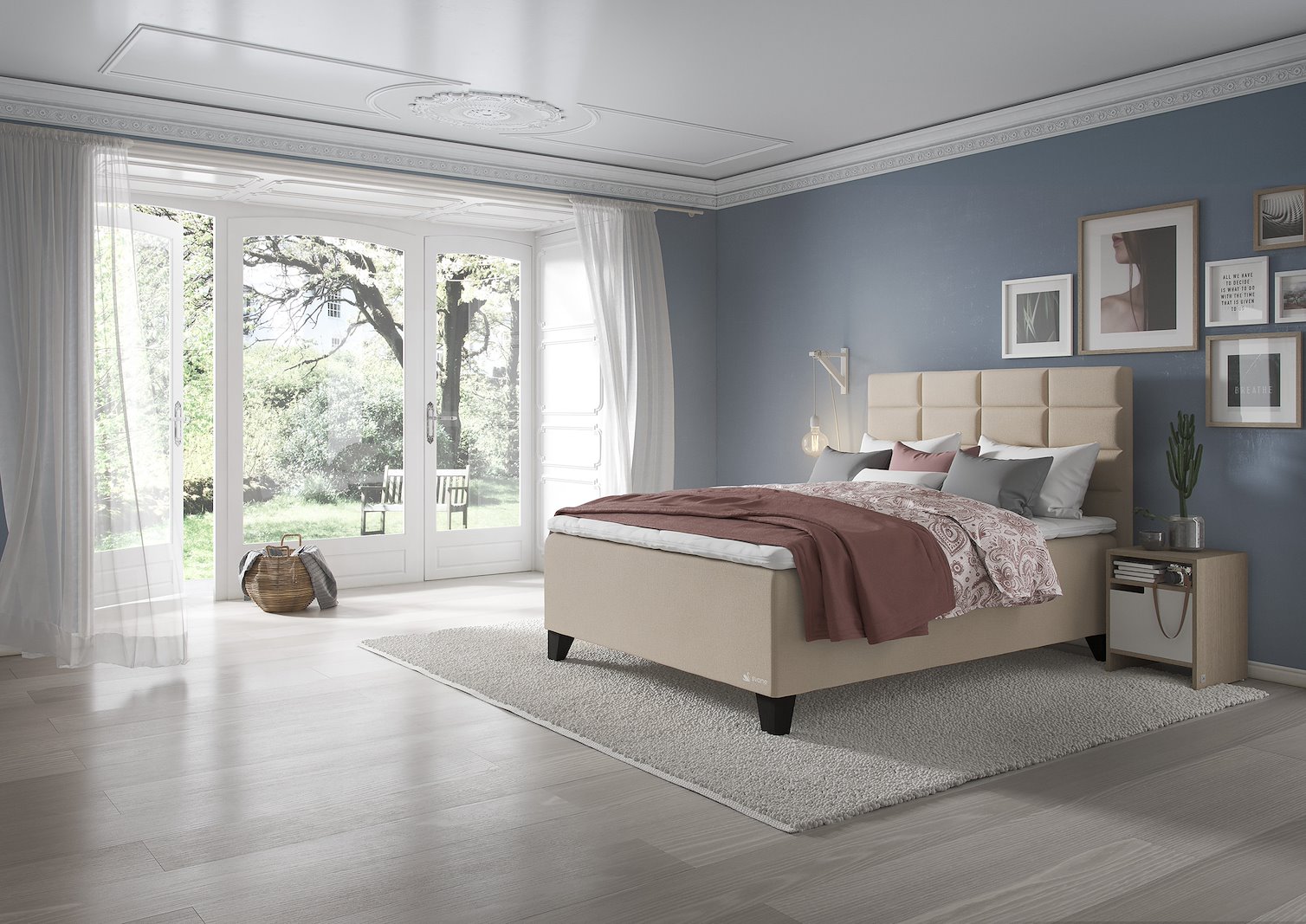 Svane®  Casa Kontinental 150x200 cm Tekstil Moment Beige, Temptation Elastec® overmadrass og Square Leg 14cm Shaded Black