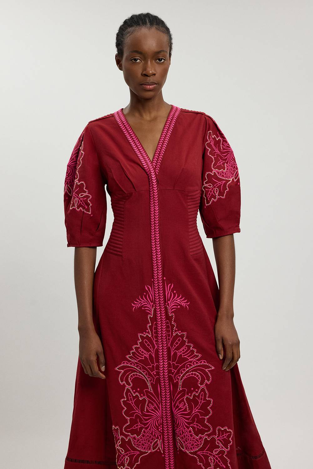 KarenMillen Robe Midi En Mélange De Lin Avec Broderie Ajourée Perlée