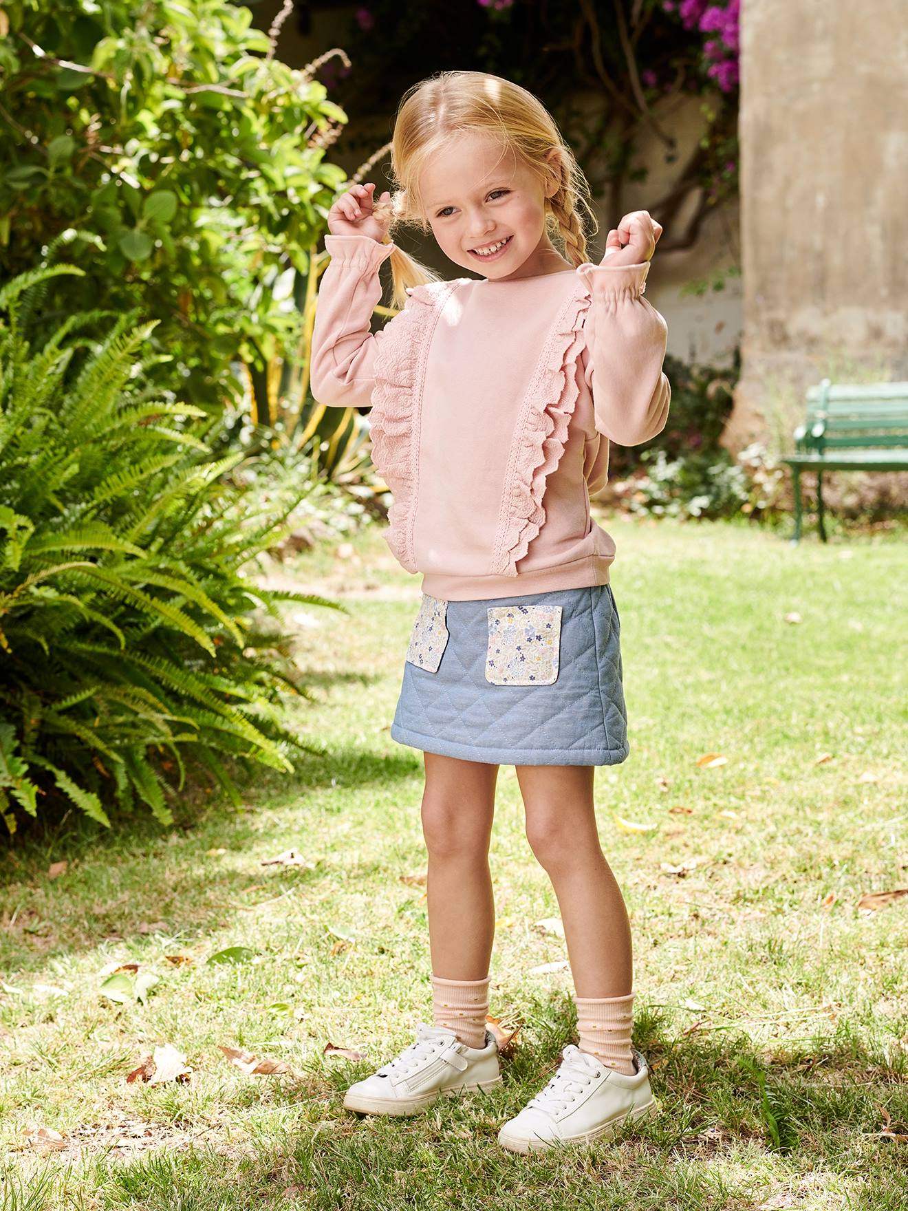 Saia jeans com matelassê e bolsos com estampa floral para meninas, pedraria dupla