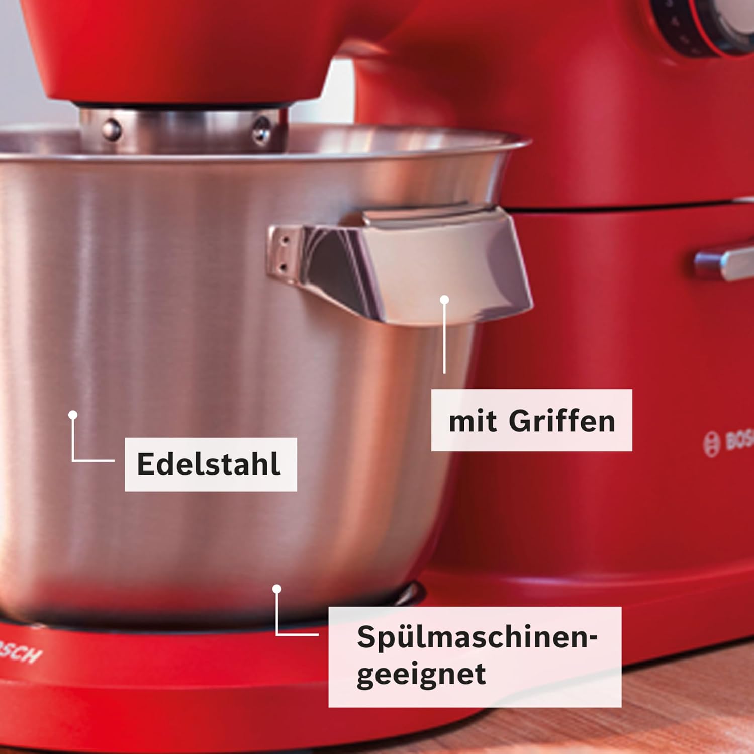 Bosch Küchenmaschine OptiMUM, Edelstahl-Schüssel 5,5 L, spülmaschinenfest, Planetenrührwerk, Profi-Knethaken, Schnee-, Silikonbesen, 7 Arbeitsstufen, 1600 W, Rot/Silber, MUM9A66R00