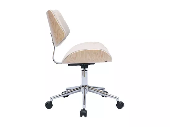 Chaise de bureau à roulettes design en tissu effet velours texturé beige, bois clair chêne et métal MALMO