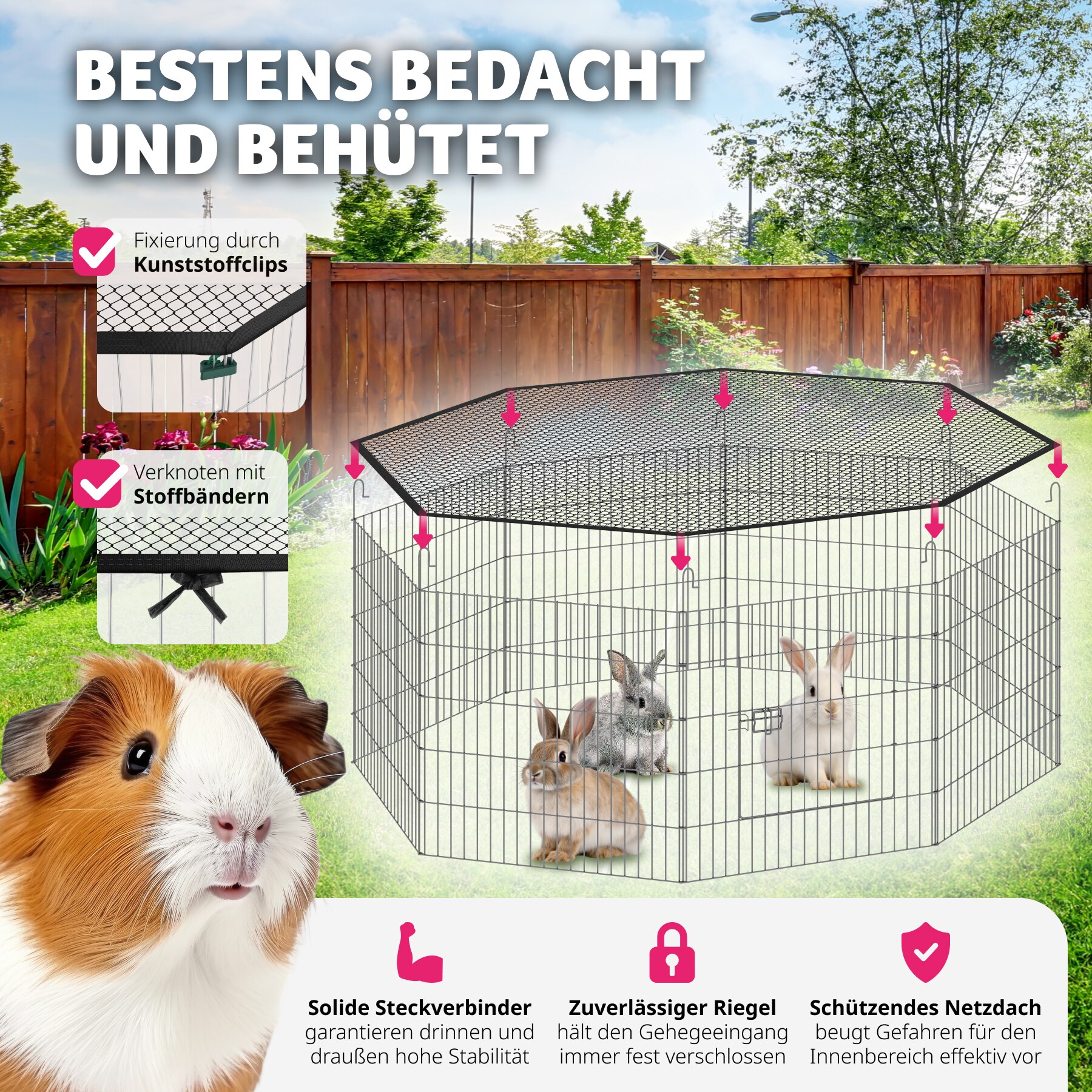 tectake® Freilaufgehege, aus 8 Gitterelementen, große Tür mit Verriegelung, 145 x 73 cm