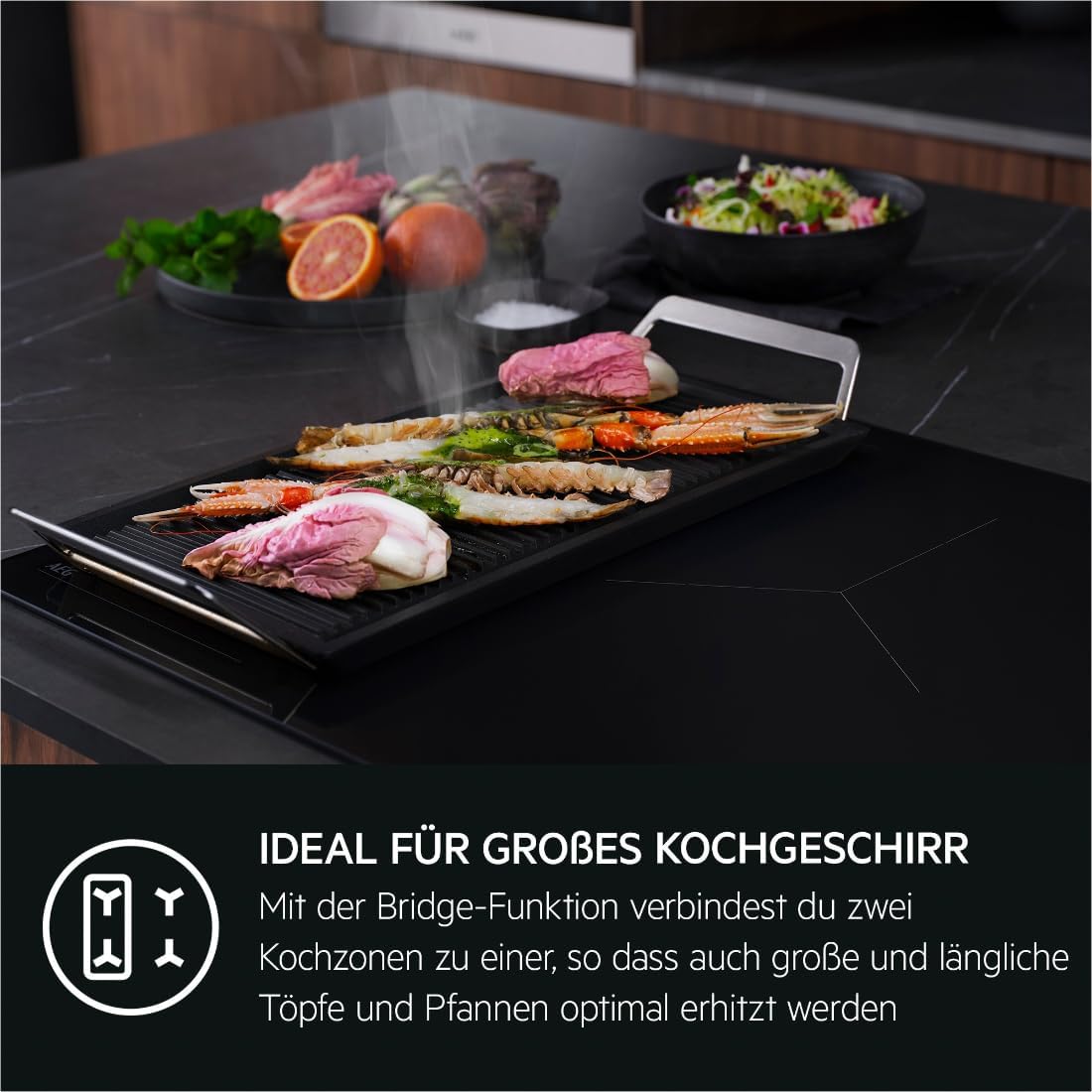 AEG Induktionskochfeld autark 80cm, Made in Germany, 5 Flex-Zonen mit Kratzresistenter SaphirMatt-Oberfläche, Powerfunktion, 2x Bridge-Kombination 2er Zonen, Slider, Hob²Hood, rahmenlos, TK85IM0FSZ