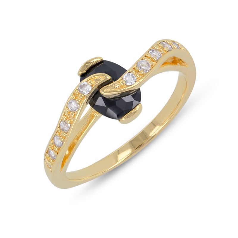 Bague plaqué or pierre noire synthétique centrale et cubic zirconia