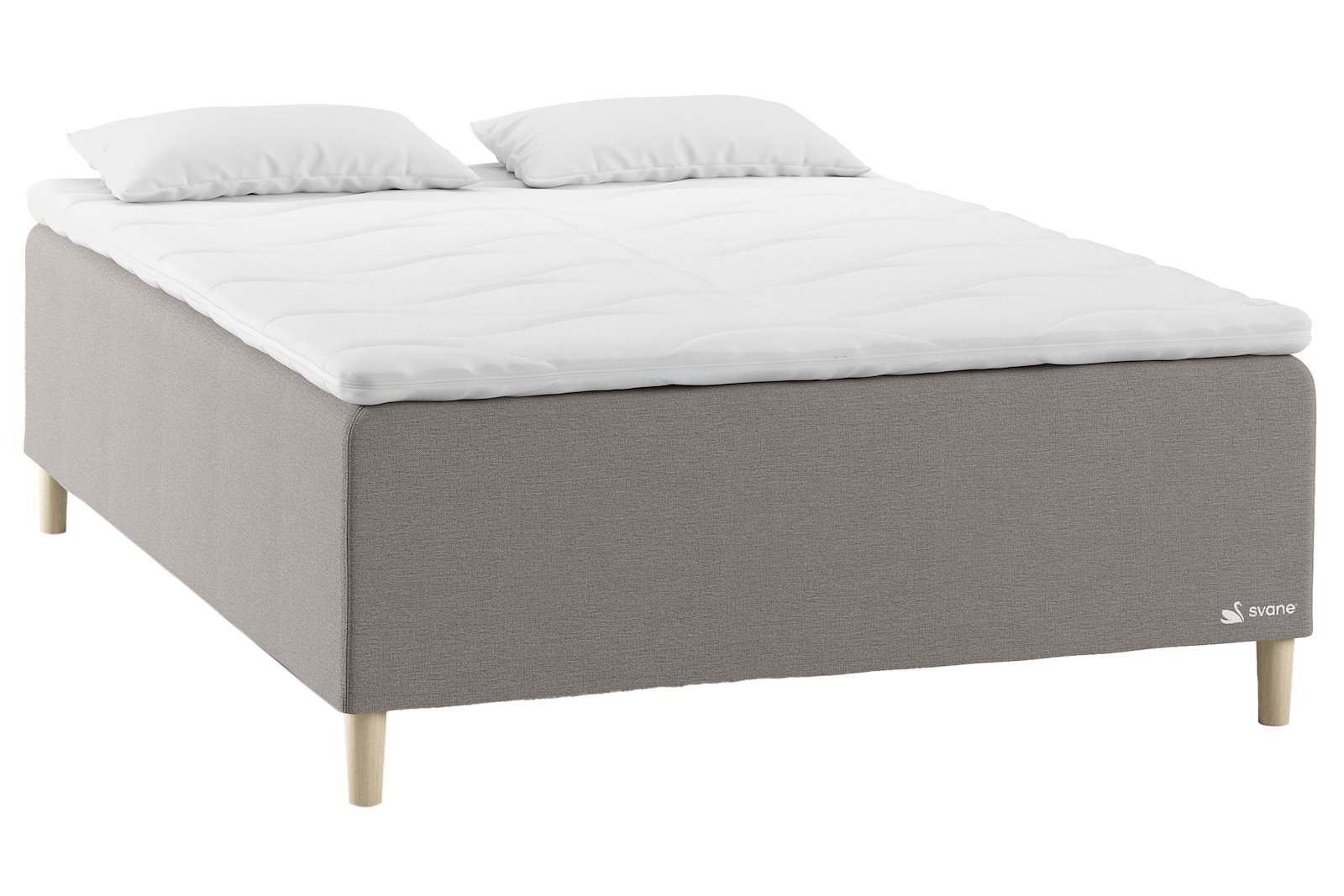 Svane® Corinne Exclusive Kontinentalseng 150x200 cm Tekstil Moment Ice Grey, Earth Elastec® overmadrass og Pin ben 14cm Oak, gavl selges separate