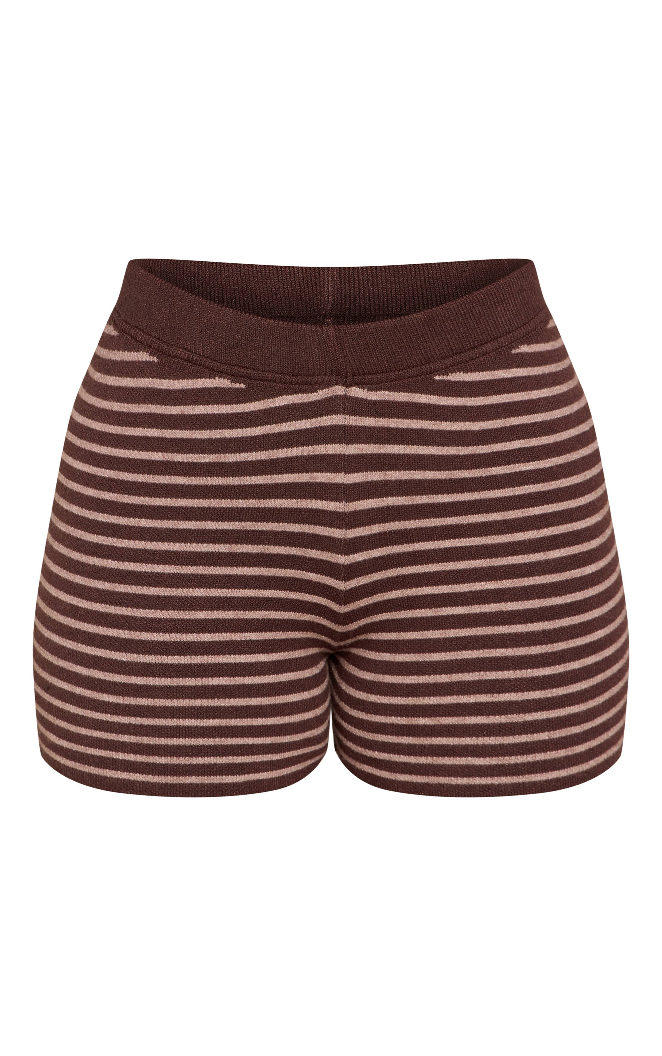 Marron Short Ajusté En Maille Rayée Petite
