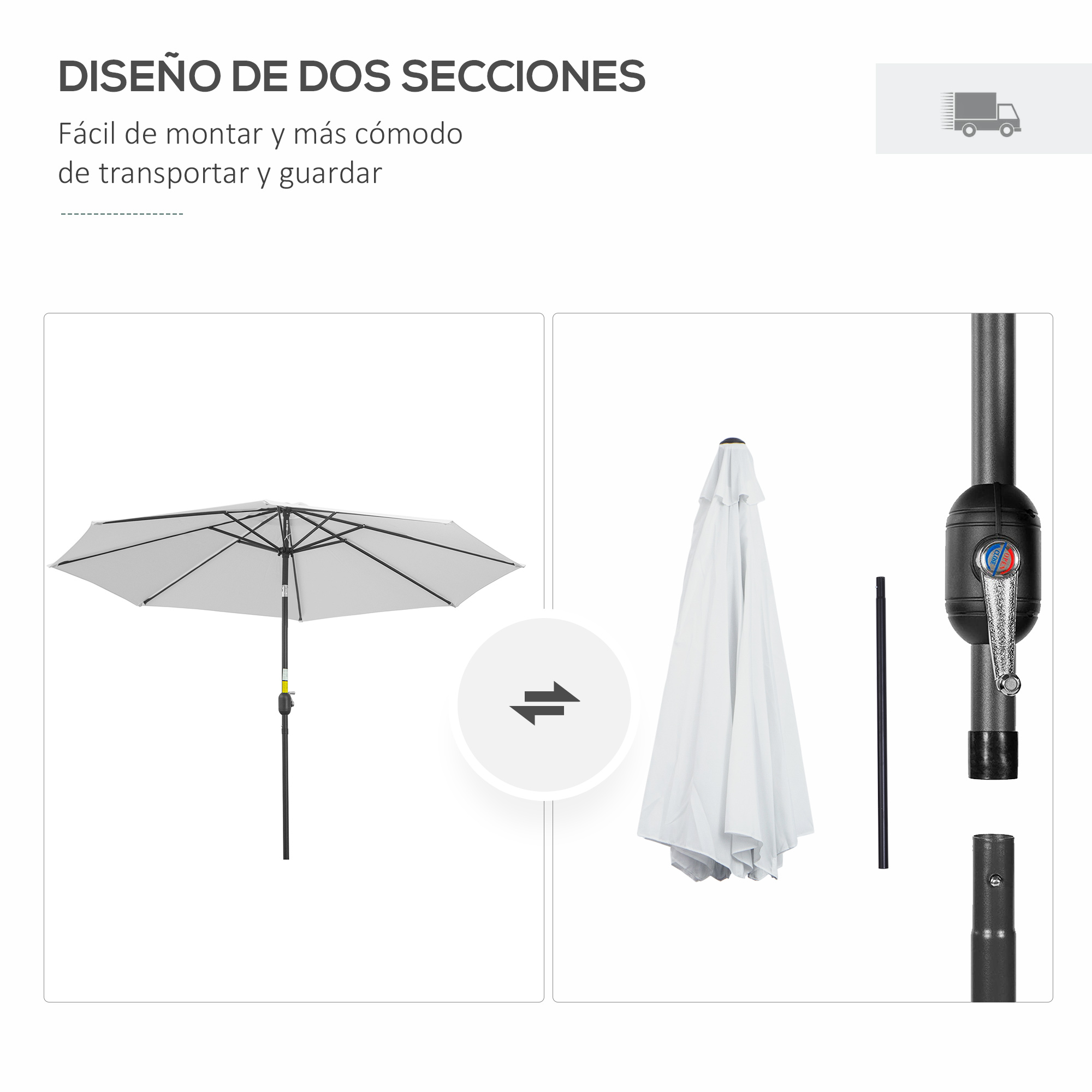 Guarda-sol de jardim Outsunny Ø292x250 cm com manivela, guarda-sol externo com mecanismo de inclinação e mastro de metal removível para terraço, piscina e pátio, branco.