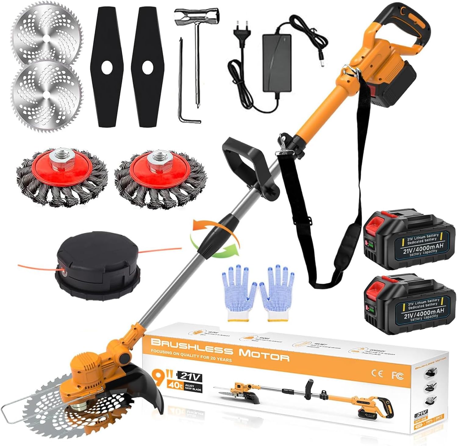 Rasentrimmer mit Akku, 4 in 1 Rasentrimmer mit Unkrautbürste 21V Bürstenloser Freischneider Akku, Teleskop, Verstellbarer, für Garden Trimmen, Orange