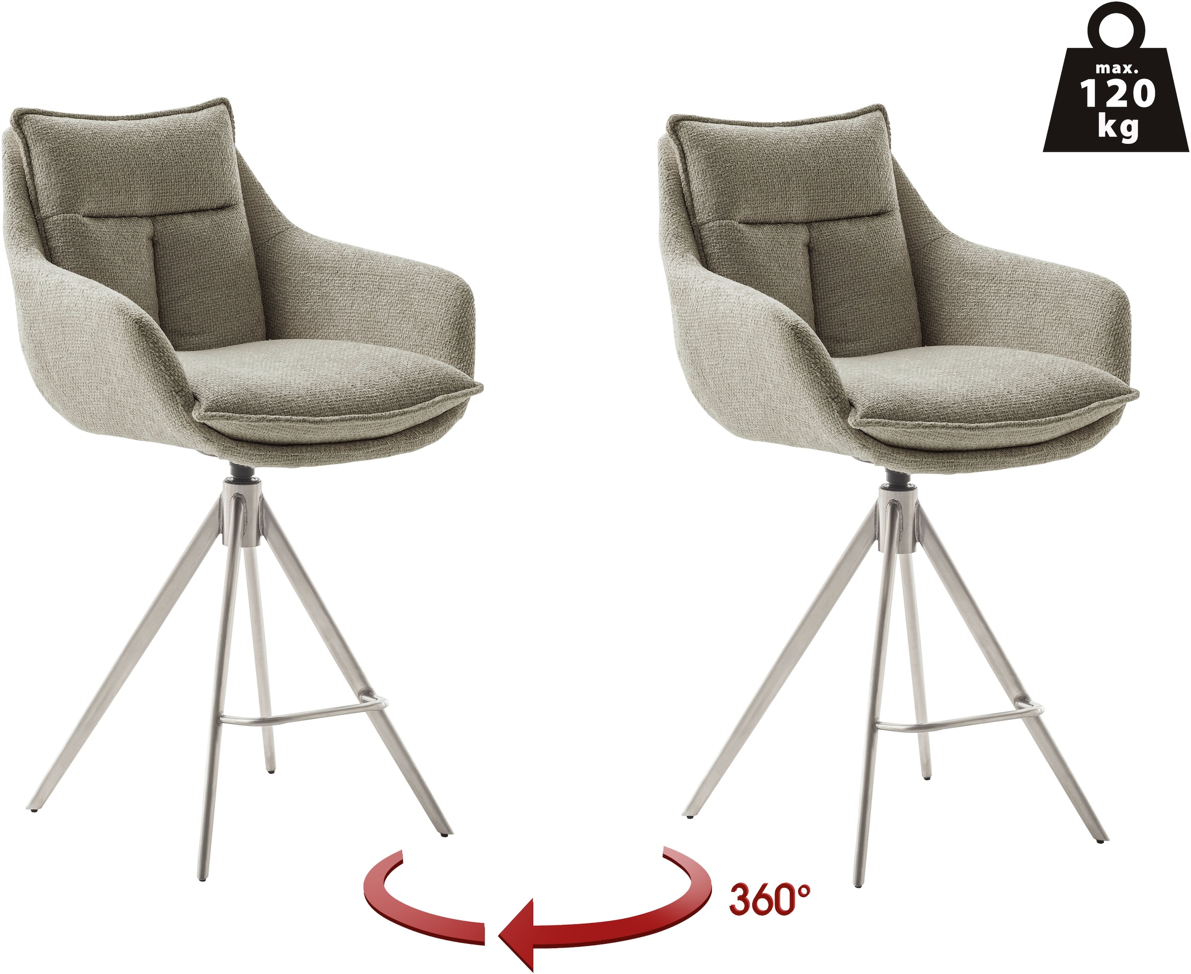 MCA furniture Bistrostuhl »Parker Tresenstuhl mit Armlehnen Tresenhocker« (Set) 2 Stk.Barhocker,Barmoebel,Barstuhl,360° drehbar,mit Lehne,belastbar 120 kg