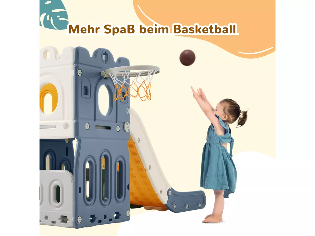 Toboggan château pour enfants 6 en 1 -190 x 151 x 106cm - en HDPF - avec escalade et panier de basket - Bleu
