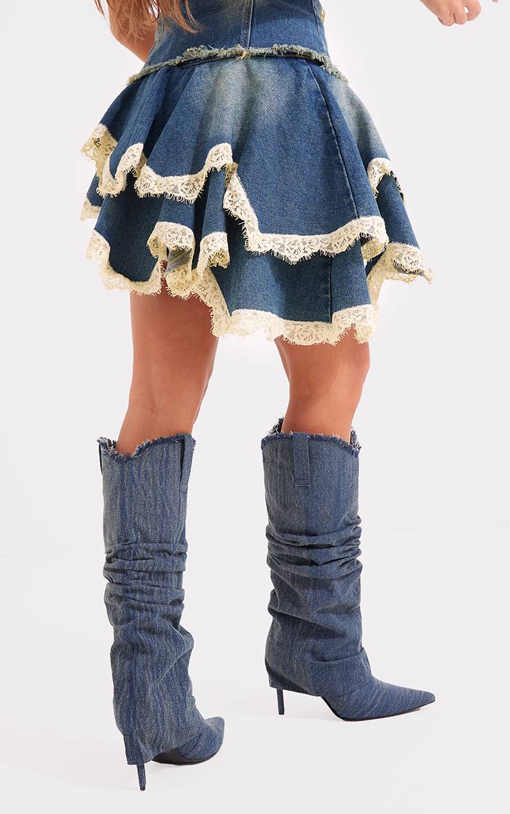 Mid Blue Wash Jupe Patineuse En Denim À Bordure En Dentelle Et Bord Effiloché