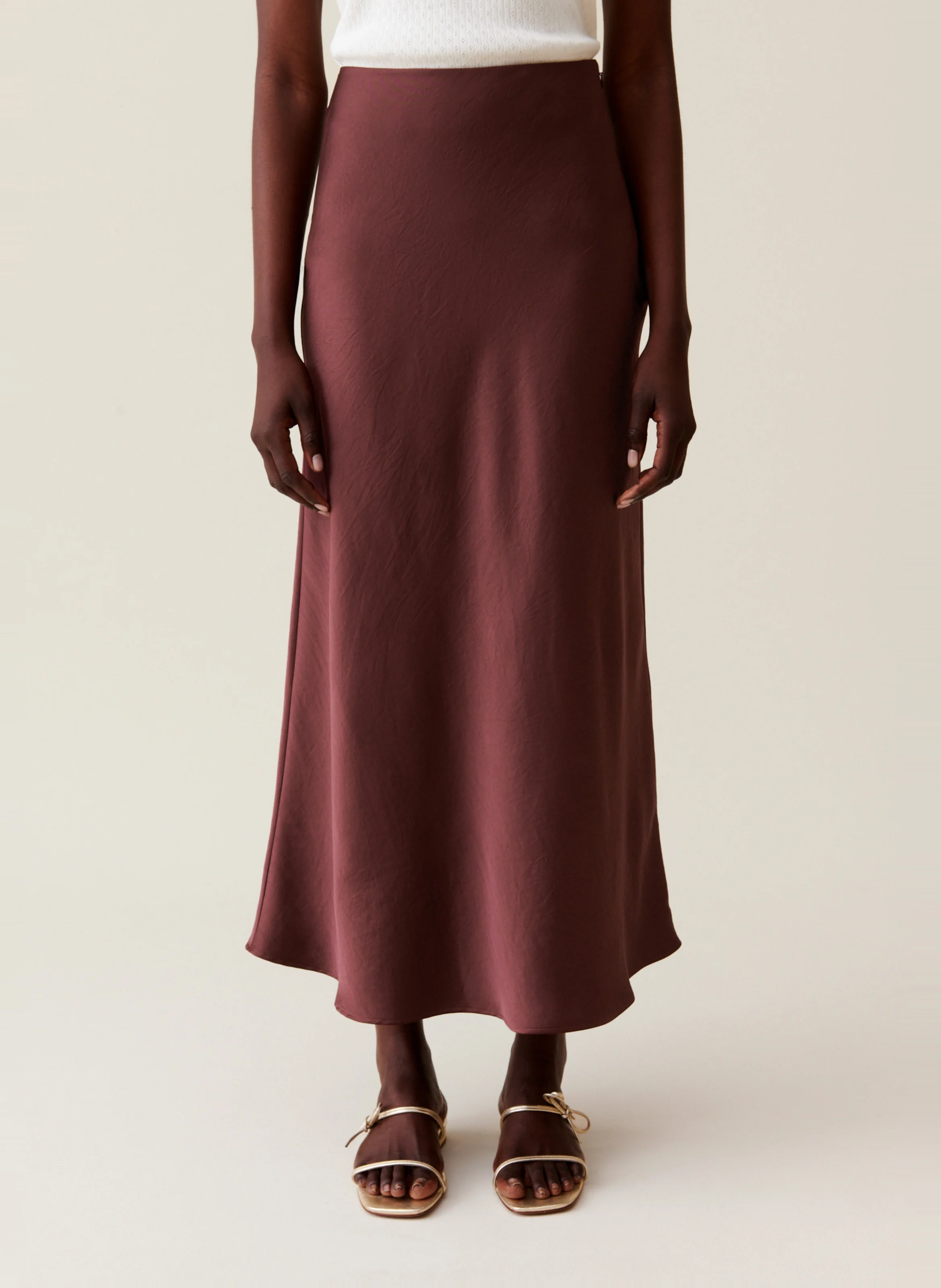 Jupe longue fluide satinée| Marron