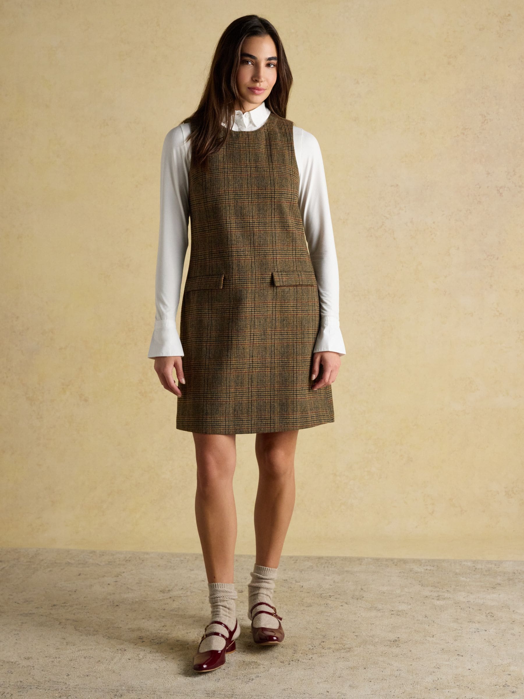 Joules Edwina Mouwloze shiftjurk van tweed wolblend met ronde hals